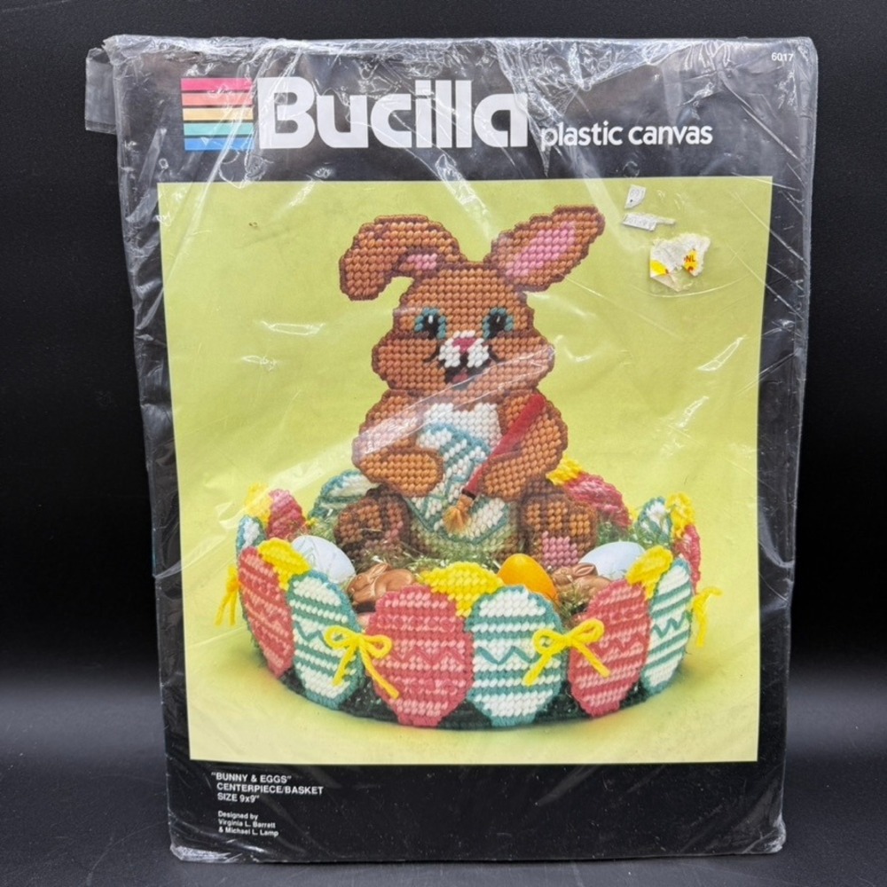 Vintage Bucilla Bunny Eggs 3D Centerpiece Basket Plastic Canvas‎ Kit  9x9 DIY
